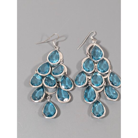 Teal Blue Teardrop Bezel Chandelier Long Dangle Earrings Boho Glam Statement - Picture 2 of 8